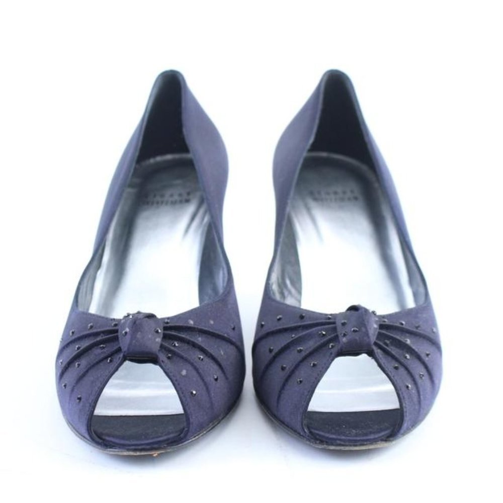 Stuart Weitzman Navy Satin Knot Twist Kitten Open - Picture 4 of 8